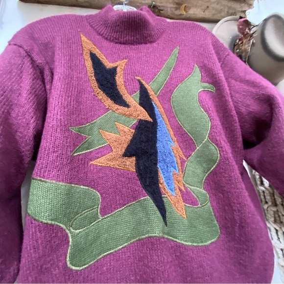 Purple Rare Appliqué retro vintage wool blend sweater w YTK 80s MidCentury vibe - Picture 4 of 10